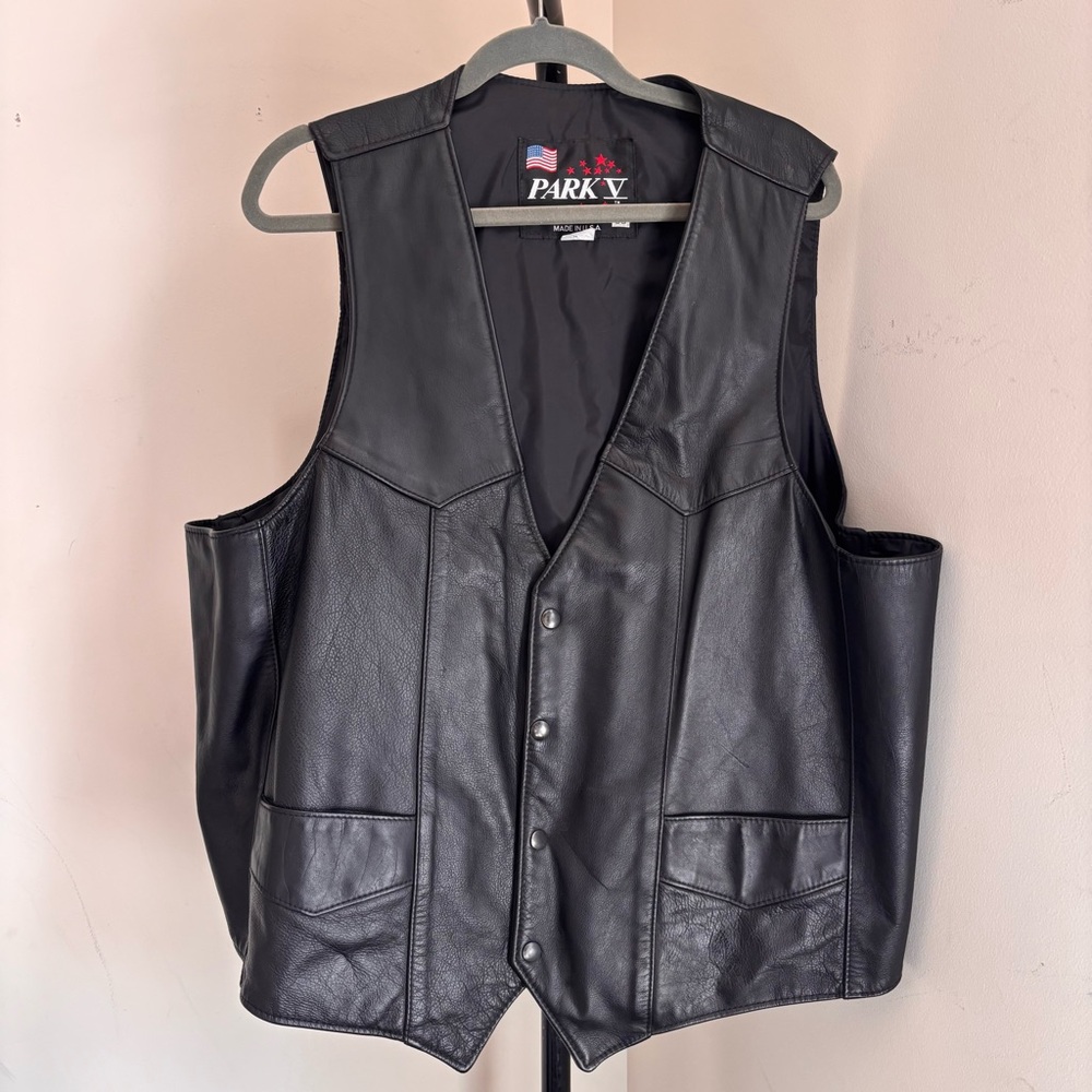 Vest Jacket Heavy Leather Motorcycle Men sz 56 Park V Black Snaps Made in USA